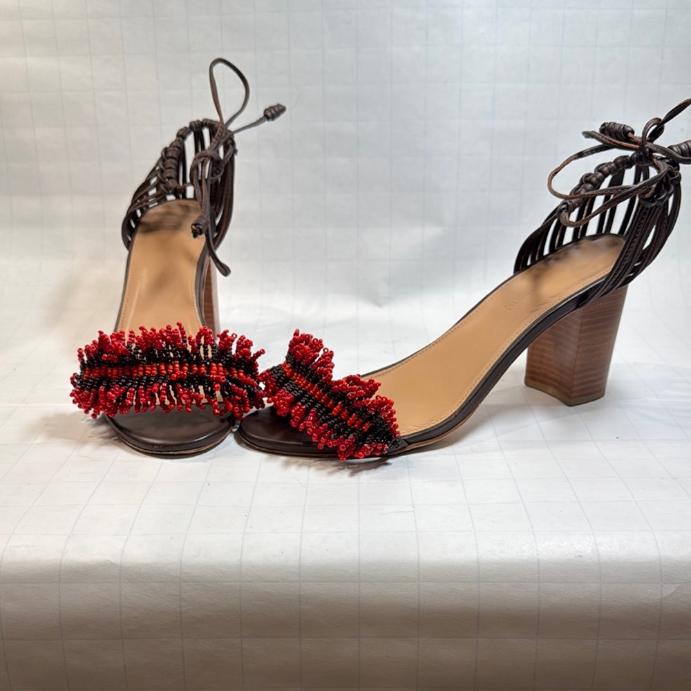 Ulla Johnson Red, Orange, Purple Bead Fringe Ankle Tie Sandal Heels Size 39